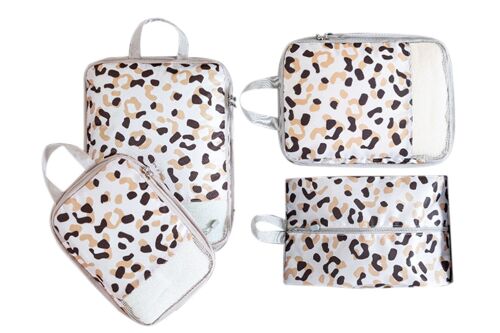 Ensemble de 4 cubes de rangement compressibles pour le voyage - Motif léopard