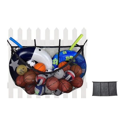 Sac de rangement suspendu pour piscine, idéal pour les bouées et les jouets. Grande capacité, charge maximale de 15 kg, design en filet.