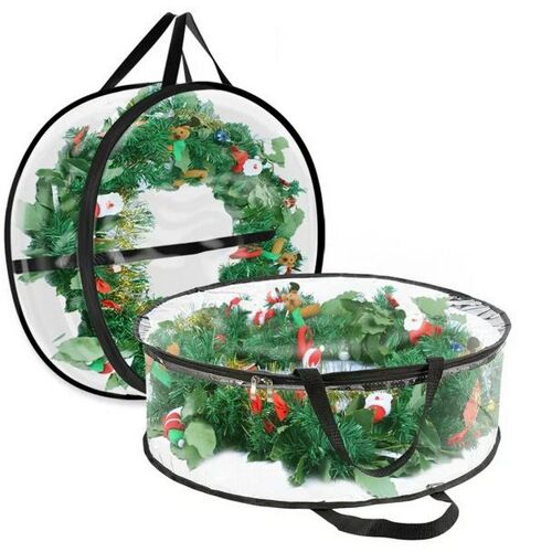 Sac de rangement rond transparent pour couronne de Noël avec double fermeture éclair, organisateur en PVC pour décorations de fêtes