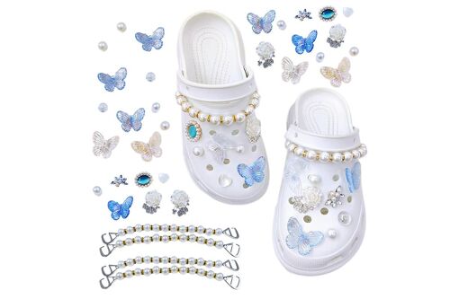 Ensemble de 2 décorations pour chaussures : chaînette papillon, fleur et perle