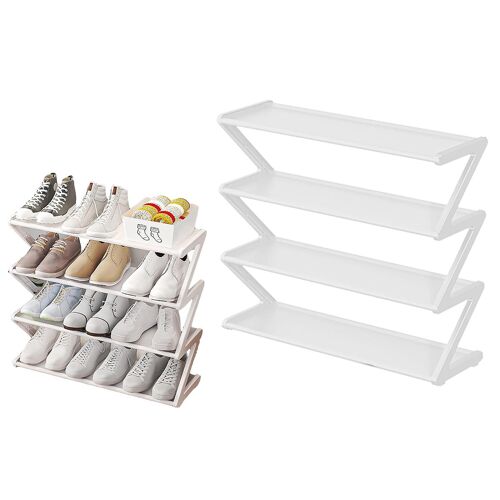 Étagère à chaussures à 4 niveaux - Plastique et acier inoxydable - Rangement gain de place pour chaussures - Blanc