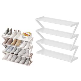 Étagère à chaussures à 4 niveaux - Plastique et acier inoxydable - Rangement gain de place pour chaussures - Blanc