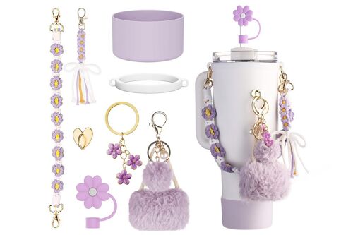 Ensemble de 8 accessoires pour la Coupe Stanley avec dragonne, couvre-paille et décorations - Violet