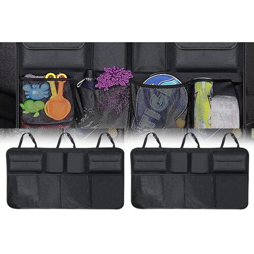 Ensemble de 2 organisateurs de coffre et sacs de rangement pour siège arrière de voiture, avec plusieurs poches et sangles réglables.