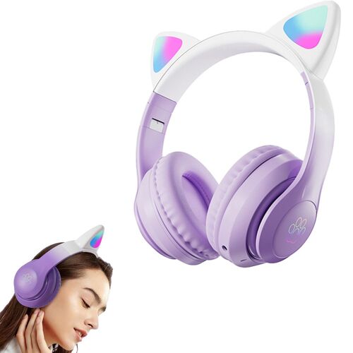 Casque sans fil Bluetooth 5.3 à oreilles de chat pour enfants - Pliable, LED, circum-aural, compatible PC et smartphone