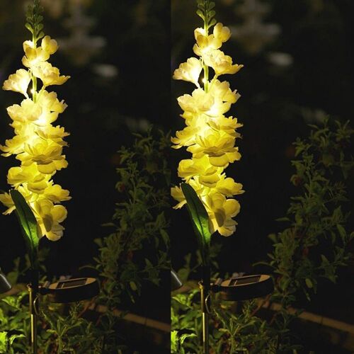 Lot de 2 lampes solaires à piquer en forme de jacinthe pour décorer allées et terrasses.