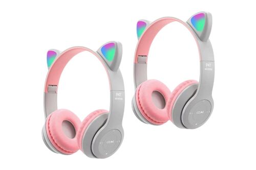 Casque sans fil Bluetooth 5.0 à oreilles de chat avec lumières LED - Pliable, Gris, Lot de 2
