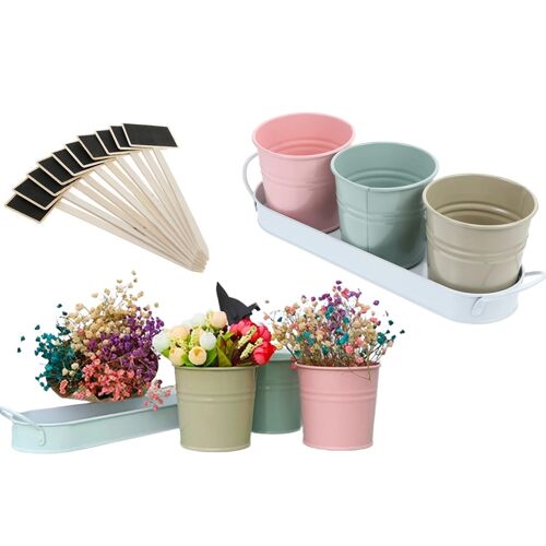 Ensemble de 3 jardinières en métal pour herbes aromatiques avec plateau et 10 mini-tableaux noirs pour le jardinage intérieur et extérieur