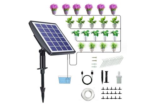 Kit d'irrigation goutte à goutte solaire pour plantes en pot avec double alimentation et arrosage programmé