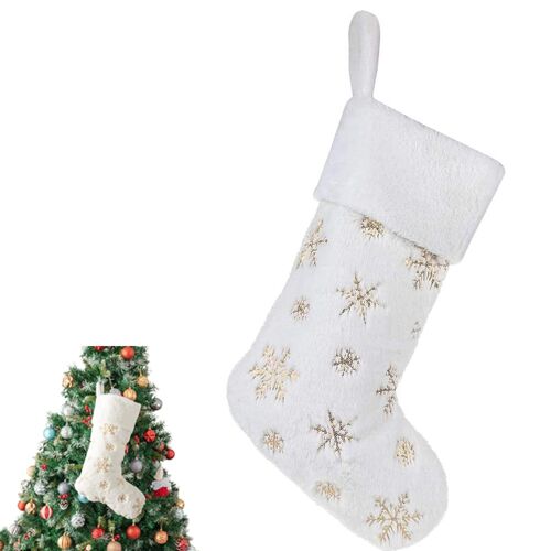 Chaussette de Noël à motif flocon de neige, à suspendre au sapin ou à glisser dans un sac cadeau, 18 x 45 cm, en polyester.