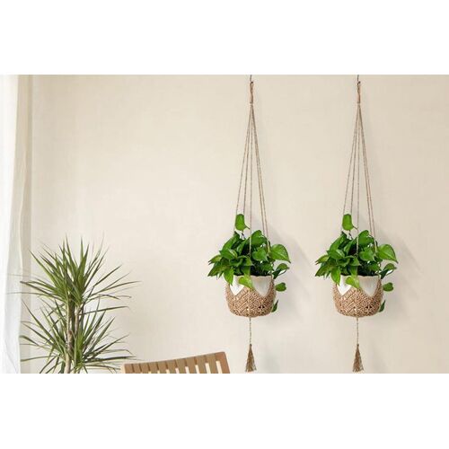 Ensemble de suspensions pour plantes en macramé pour l'intérieur et l'extérieur, 2 pièces, convient à des pots de différentes tailles, corde de chanvre, marron clair