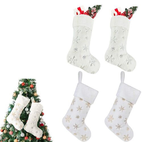 Ensemble de 4 chaussettes de Noël à suspendre au sapin et à utiliser comme sacs cadeaux, motif flocon de neige, 18 x 45 cm