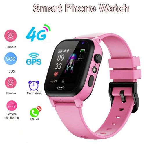 Montre connectée pour enfants avec écran tactile, compatible carte SIM 2G, alarme, géolocalisation et prise de photos à distance - Rose