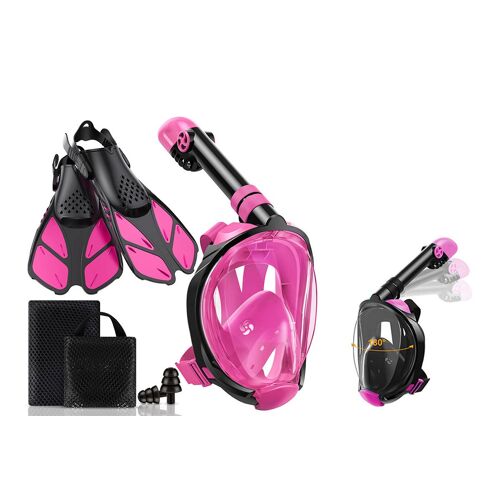 Ensemble De Plongée En Apnée Avec Masque, Palmes, Bouchons D'oreilles Et Sac De Rangement - Rose Rouge