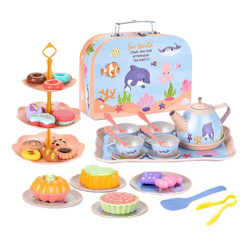 Service à thé pour petites filles avec théière en métal, tasses, assiettes, desserts et mallette de transport pour jeux d'imitation