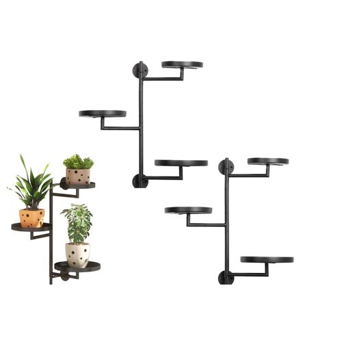 Lot de 2 étagères à plantes rotatives en métal à 3 niveaux, support mural d'intérieur avec plateaux circulaires
