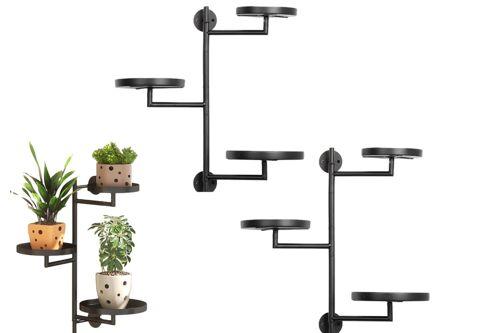 Lot de 2 étagères à plantes rotatives en métal à 3 niveaux, support mural d'intérieur avec plateaux circulaires