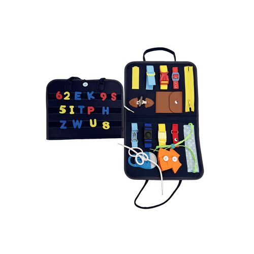 Tableau d'activités Montessori pour tout-petits - Jouet d'éveil sensoriel avec boucles, fermetures éclair et lettres - Bleu marine
