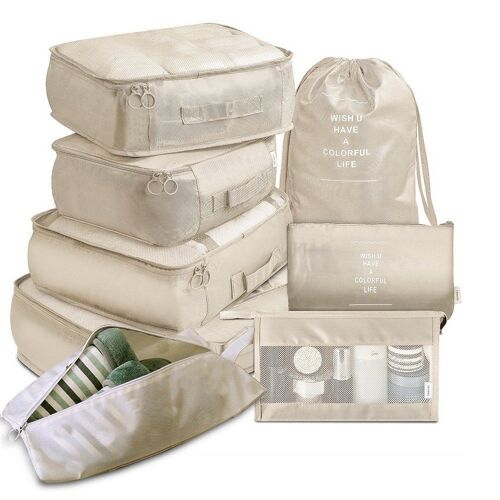 Ensemble de 8 cubes de rangement pour voyage - Organisateurs de bagages beiges de différentes tailles et avec différents sacs
