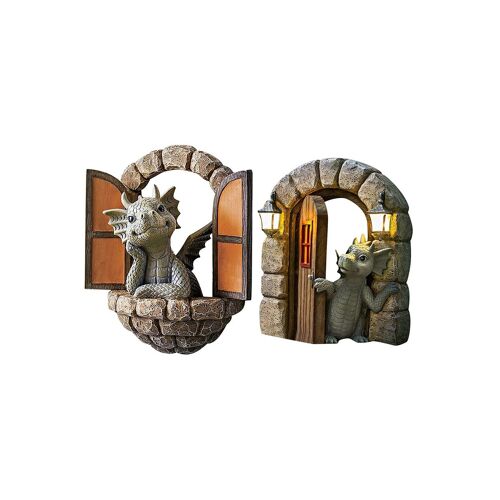 Lot de 2 statues de dragons en résine pour la décoration de jardin et de maison, ornements lumineux d'extérieur