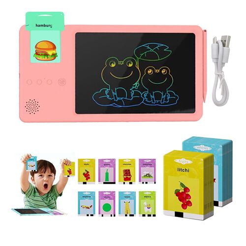 Tablette d'écriture LCD et cartes parlantes 2 en 1 pour enfants - Rose, 25 cm, 112 cartes recto-verso, rechargeable