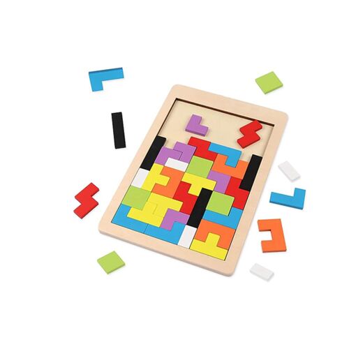 Puzzle Tetris en bois, 40 pièces, blocs colorés, jeu de réflexion avec sac de rangement pour enfants et adultes