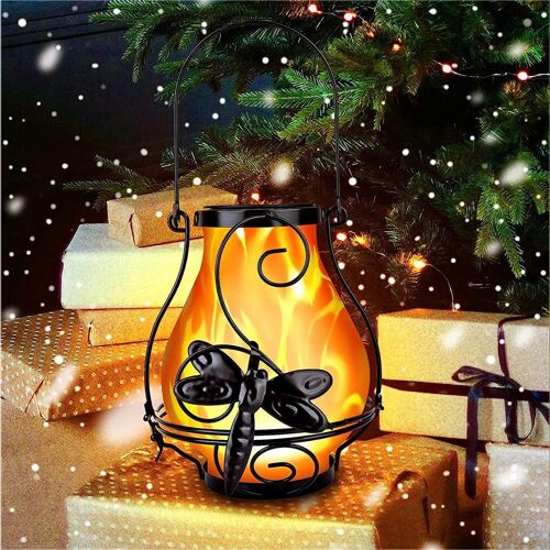 Lanterne solaire en métal avec flamme dansante pour décoration extérieure suspendue