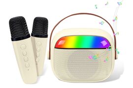 Machine de karaoké portable avec Bluetooth et 2 microphones sans fil - Beige