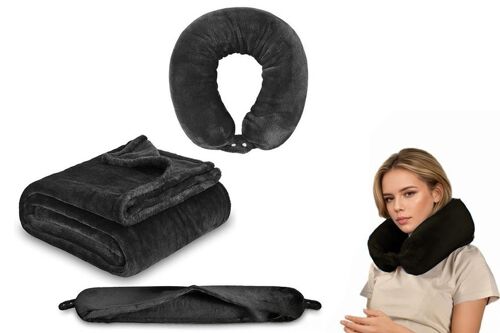 Ensemble Couverture De Voyage Et Oreiller Cervical En Forme De U - Bleu Marine 