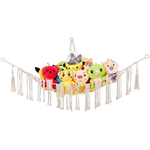 Filet de rangement bohème pour peluches dans une chambre d'enfant - Hamac suspendu pour ranger les jouets
