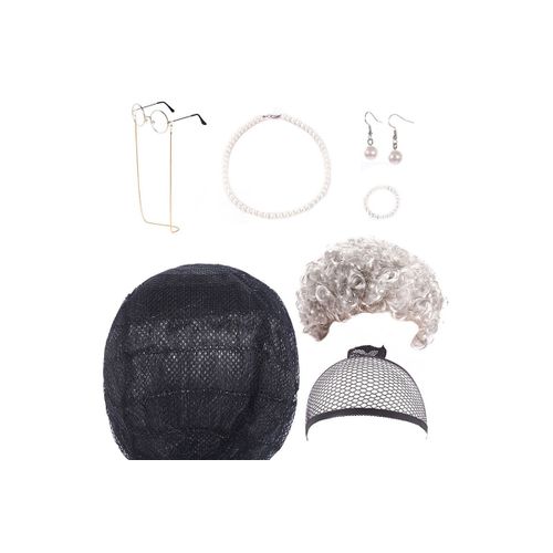 Costume De Vieille Dame Avec Perruque, Lunettes, Collier, Bracelet Et Boucles D'oreilles Pour Cosplay Et Fêtes
