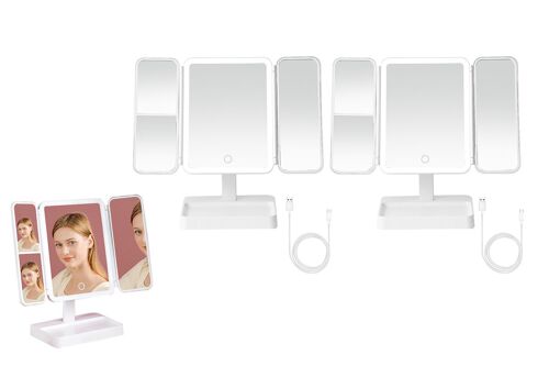 Lot De 2 Miroirs De Maquillage Led Avec Grossissement 2x Et 3x, Format Pliable En Trois, Alimentation Usb Et Luminosité Réglable.