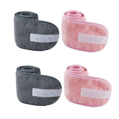 Ensemble De 4 Bandeaux Spa Ajustables En Microfibre Pour Le Lavage Du Visage Et L'application Du Maquillage - Gris Et Rose