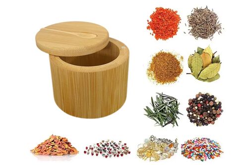 Pot À Sel En Bambou Avec Couvercle Magnétique Et Cuillère Pour Sel, Poivre, Sucre Ou Épices - Compartiment Unique