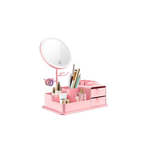 Boîte de rangement maquillage LED avec miroir et organiseur - Rose