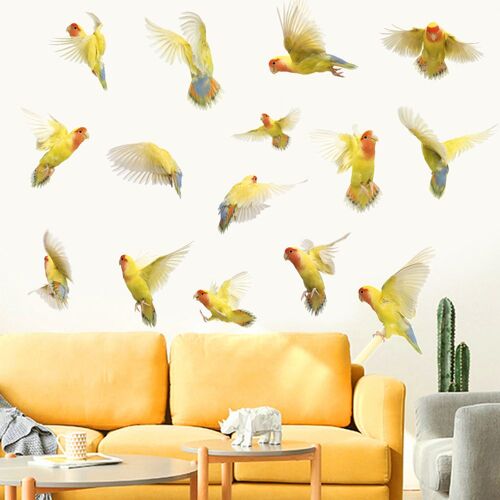 Stickers muraux perroquet aquarelle avec feuilles vertes - Autocollants repositionnables pour la décoration intérieure