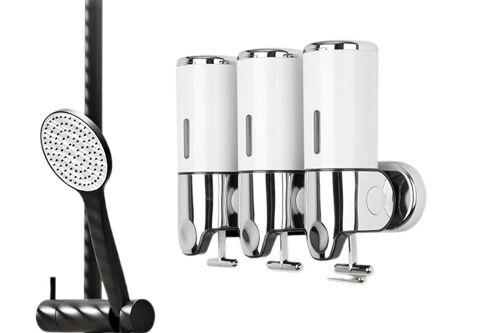 Distributeur mural à 3 compartiments pour shampoing et après-shampoing, idéal pour la salle de bain et la cuisine - Blanc