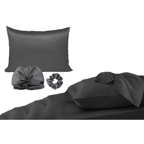 Ensemble Taie D'oreiller En Imitation Soie Avec Bonnet Et Chouchou - Gris Foncé