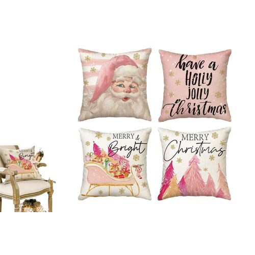 Lot De 4 Housses De Coussin De Noël Pour Salon, Canapé Ou Chambre, 45 X 45 Cm, Lin, Rose