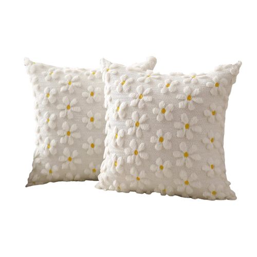 Lot De 2 Housses De Coussin À Motifs Floraux Pour Canapé-Lit - Marguerites, 45 X 45 Cm, Polyester, Blanc, Fermeture Éclair Invisible, Lavables En Machine