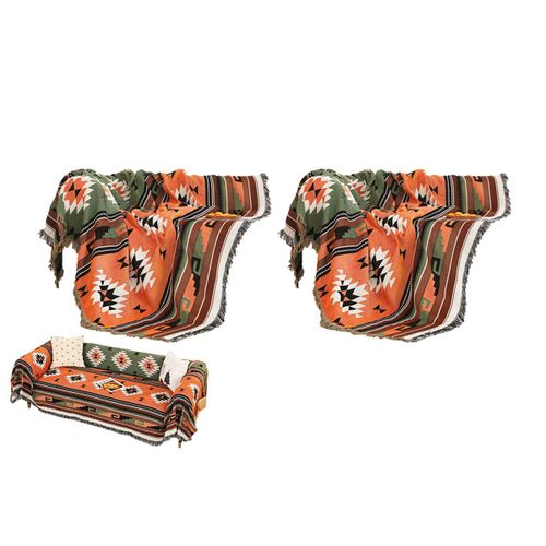 Lot De 2 Jetés Aztèques 130x160cm Avec Pompons, Housse De Canapé Bohème, Tapisserie Ethnique Tissée