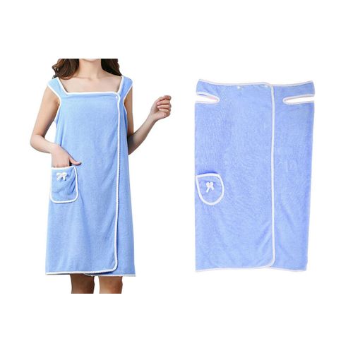 Serviette De Bain En Polaire Corail Portable Avec Poche Et Boutons-Pression - Bleu Ciel