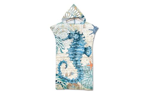 Poncho De Surf À Capuche En Microfibre, Séchage Rapide, Idéal Pour La Plage Et La Piscine - Taille Adulte 75 X 110 Cm, Motif Hippocampe