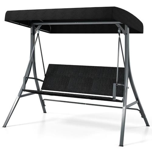 Balancelle 3 Places 146 X 47 X 165 Cm Toile Réglable Cadre Métallique Design Moderne En Rotin Noir Helloshop26 20_0017813