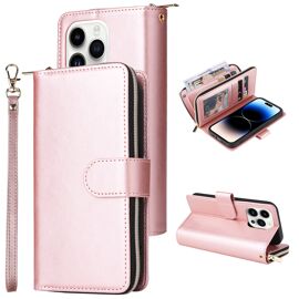 Coque Pour iPhone 12 Pro,Étui Housse iPhone 12 Pro AntichocSupport Pliable,Clamshell,with zipper wallet,Étui De Téléphone À Cassette Vintage - Rose