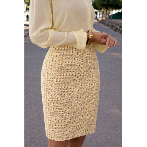 Jupe Midi Zara Travel Imprimé Géométrique Jaune Écru Noir Coton Stretch