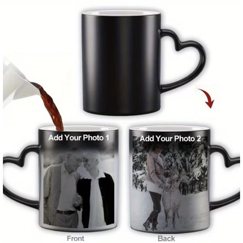 Tasse Magique Personnalisée 2 Photos ¿ Mug Thermoréactif Noir Anse C?ur ¿ Photos Recto Verso Révélées À Chaud ¿ Cadeau Original Couple, Amour, Anniversaire, Noël ¿ Café Thé