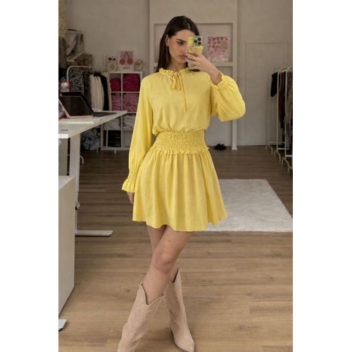 Robe Chemise Jaune Pastel Froncée Été Shein – Summer Gathered Pastel Yellow Shirt Dress