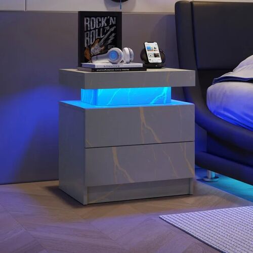 Table de nuit LED Table de chevet Cabinet Lumineux Moderne avec 2 Tiroirs pour Chambre à coucher (Gris Or)