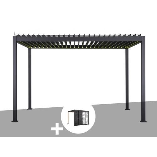 Pergola Bioclimatique Électrique Evora Graphite - 4 X 3 M + Persiennes Coulissantes Côté 3 M - Hespéride